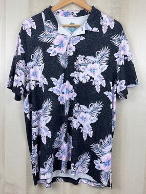 Chubbies Men’s Short Sleeve Performance Golf Polo Black White Floral Print Large